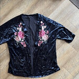 Aerie Dark Blue Velvet Top with Pink Floral Embroidery